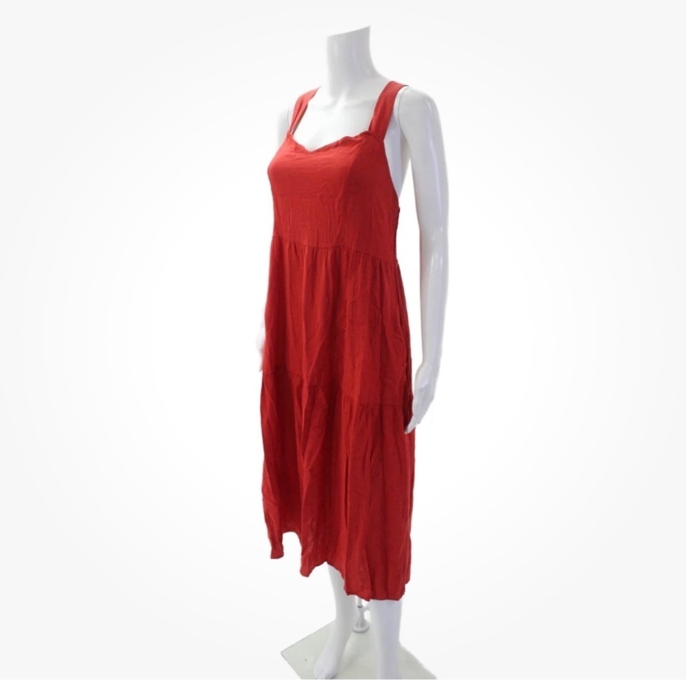 Valentina Naldi Tiered Midi Dress Sz M Tomatoe Red Linen Blend Boho Coastal Chic